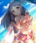  ayagi_daifuku bangs bare_shoulders beach bikini black_hair blue_sky blush breasts brown_eyes cleavage cloud collarbone commentary_request day flower front-tie_top hair_flower hair_ornament idolmaster idolmaster_cinderella_girls large_breasts lips long_hair looking_at_viewer navel ocean oonuma_kurumi outdoors palm_tree sand sarong sideboob sky smile solo sweat swimsuit towel tree underboob water 