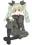  anchovy anzio_military_uniform arm_support belt black_footwear black_neckwear black_ribbon black_shirt blush boots brown_eyes drill_hair eyebrows_visible_through_hair full_body girls_und_panzer green_hair hair_between_eyes hair_ribbon highres long_hair looking_at_viewer military military_uniform necktie nenosame ribbon shirt simple_background sitting smile solo twin_drills uniform white_background 