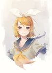  absurdres blonde_hair brown_eyes collarbone grey_shirt hair_ornament hair_ribbon highres kagamine_rin kobuta looking_at_viewer neckerchief ribbon shirt short_hair short_sleeves sketch smile solo upper_body vocaloid white_background white_ribbon yellow_neckwear 