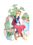  1girl absurdres arknights brown_hair cactus commentary elf english_commentary floral_print flower_pot hat highres holding holding_paintbrush laurel_crown light_smile long_hair looking_at_viewer lyuqiu mole mole_under_eye muelsyse_(arknights) orange_eyes paint_palette paint_tube paintbrush plant platform_heels pointy_ears potted_plant red_hat red_skirt sitting skirt solo 