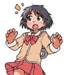  1girl beachepisode black_eyes black_hair highres humanoid_robot long_sleeves nichijou open_mouth pleated_skirt red_skirt robot school_uniform shinonome_nano short_hair simple_background skirt solo tokisadame_school_uniform white_background 