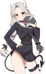  1girl absurdres belt black_shirt black_skirt bodysuit braid choker closed_mouth commission cowboy_shot crop_top demon_horns demon_tail grey_hair hand_on_own_hip high-waist_skirt highres horns long_hair long_sleeves looking_at_viewer original parted_bangs pleated_skirt pointy_ears red_choker red_eyes sailor_collar shirt simple_background single_thighhigh skirt solo standing sweat tail thighhighs thighs twin_braids twintails v-shaped_eyebrows w.k white_background 