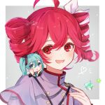  2girls :d ahoge belt black_belt black_sleeves blue_hair blush border bow buttons chibi collared_shirt detached_sleeves double-breasted grey_background grey_jacket grey_shirt hair_between_eyes hair_bow hair_ribbon hatsune_miku high_collar highres jacket kasane_teto kasane_teto_(sv) kino56_identity layered_sleeves long_hair lower_teeth_only multiple_girls musical_staff musical_staff_print open_mouth outside_border red_eyes red_hair red_trim ribbon shirt shoulder_belt shoulder_boards sleeveless sleeveless_shirt smile striped_clothes striped_jacket synthesizer_v teeth twintails utau vocaloid white_border white_bow white_ribbon 