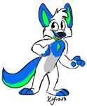  3_toes 4_fingers anthro black_nose blue_fur canine cute_fangs fur green_fur male mammal open_mouth simple_background solo standing toes white_fur wolf xylious 