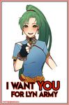  1girl fingerless_gloves fire_emblem fire_emblem:_rekka_no_ken fire_emblem_heroes gloves green_eyes green_hair highres i_want_you kyou_(ningiou) long_hair looking_at_viewer lyndis_(fire_emblem) pointing pointing_at_viewer ponytail simple_background smile solo uncle_sam white_background 