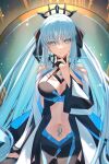  1girl blue_eyes bow fate/grand_order fate_(series) hair_between_eyes hair_bow highres light_(nightty45) looking_at_viewer morgan_le_fay_(fate) ponytail solo stomach_tattoo tattoo white_hair 