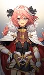  astolfo_(fate) bad_id bad_pixiv_id black_ribbon braid cape fang fate/apocrypha fate_(series) fur_trim gambe gradient gradient_background hair_ribbon hand_on_hip highres long_hair looking_at_viewer male_focus open_mouth otoko_no_ko pink_hair purple_eyes ribbon single_braid smile solo 