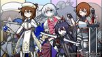  ;) akatsuki_(kantai_collection) archery armor armored_boots armored_dress arrow artist_name bangs belt belt_buckle black_gloves blade blue_eyes boots bow_(weapon) breastplate broadsword brown_belt brown_footwear brown_hair buckle cape character_name closed_mouth commentary cross-laced_footwear dungeons_and_dragons emblem eyebrows_visible_through_hair eyepatch fingerless_gloves folded_ponytail fur-trimmed_boots fur_trim gauntlets gem gloves grey_footwear grey_hat grey_legwear hair_between_eyes hair_ornament hairclip hat hat_feather hibiki_(kantai_collection) highres holding holding_bow_(weapon) holding_shield holding_staff holding_sword holding_weapon ikazuchi_(kantai_collection) inazuma_(kantai_collection) kantai_collection knight lace-up_boots long_hair looking_at_viewer mini_hat multiple_girls one_eye_closed one_knee open_mouth paladin pantyhose parted_lips purple_eyes purple_hair quiver raythalosm robe shield short_hair shoulder_armor silver_hair skirt smile sparkle staff sword thigh_boots thighhighs twitter_username v-shaped_eyebrows very_long_hair wavy_mouth weapon yellow_eyes 