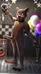 3d_(artwork) absurd_res anthro balloon balls bear black_bow_tie black_clothing black_hat black_headwear black_top_hat blue_eyes blurred_background bodily_fluids bow_tie claws clothing cum cum_drip digital_media_(artwork) dripping erection five_nights_at_freddy&#039;s freddy_(fnaf) genital_fluids genitals hat headgear headwear hi_res holding_clothing holding_object holding_topwear humanoid_genitalia humanoid_penis inflatable jizzyfox male mammal on_stage penis scottgames smile solo stage top_hat topwear watermark