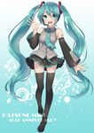  anniversary aqua_background aqua_eyes aqua_hair boots character_name commentary_request detached_sleeves full_body hatsune_miku headset highres long_hair looking_at_viewer mizuki_eiru_(akagi_kurage) necktie open_mouth skirt solo thigh_boots thighhighs twintails very_long_hair vocaloid 
