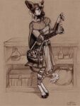 2021 3:4 alternate_universe anthro apothecary belt belt_buckle buckle cape chest_(container) clothing cloven_hooves cowl eye_dropper female flask fur genevieve_lykelle giraffid hair hi_res hooves mammal markings medieval medieval_clothing monochrome okapi potion purse robe satchel sepia solo striped_body striped_fur striped_markings stripes tail tail_tuft traditional_media_(artwork) tuft windfalcon