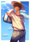  bag bangs blue_sky bracelet brown_eyes brown_hair cloud cloudy_sky day duffel_bag eyebrows_visible_through_hair fate/extra fate/extra_ccc fate_(series) grey_pants hair_between_eyes hand_in_pocket hat holding holding_bag jewelry kishinami_hakuno_(male) male_focus minami_ikkei open_mouth pants pendant shade shirt short_hair short_sleeves sky standing straw_hat sun_hat sunlight t-shirt 
