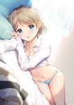  blue_eyes blue_panties blurry blush bow bow_panties breasts brown_hair cleavage collarbone collared_shirt curtains depth_of_field dutch_angle long_sleeves looking_at_viewer love_live! love_live!_sunshine!! lying medium_breasts mignon navel on_bed on_side open_clothes open_mouth open_shirt panties shirt short_hair sideways sleeves_past_wrists smile solo thighs underwear watanabe_you white_shirt 