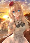 :d alternate_costume blonde_hair blue_eyes buttons commentary_request dress eyebrows_visible_through_hair eyewear_removed hair_between_eyes hairband highres holding holding_eyewear kantai_collection long_hair looking_at_viewer ocean open_mouth shibi short_sleeves smile solo sunglasses warspite_(kantai_collection) white_dress white_hairband 