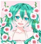  :d blue_eyes collarbone eyebrows_visible_through_hair flower green_hair hair_between_eyes hatsune_miku head_tilt long_hair looking_at_viewer open_mouth smile solo sorano_namida twintails upper_body very_long_hair vocaloid white_flower 