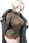  1girl blue_eyes breasts coat faust_(project_moon) grey_coat highres large_breasts limbus_company long_sleeves moriligan project_moon ribbed_sleeves ribbed_sweater simple_background smile solo sweater turtleneck turtleneck_sweater white_background white_hair 