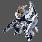  beam_rifle char&#039;s_counterattack chibi commentary energy_gun fin_funnels fusion green_eyes grey_background gun gundam highres holding holding_gun holding_weapon korean_commentary mecha mobile_suit no_humans nu_gundam robot sazabi science_fiction sd_gundam shield signature solo toilobo v-fin weapon 