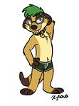  boxers_(clothing) brown_fur bulge clothing collar eyewear fur glasses green_hair hair hand_behind_head hand_on_hip male mammal marcus_techkat meerkat mongoose solo standing tongue tongue_out underwear xylious 