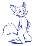  2018 anthro barely_visible_genitalia barely_visible_pussy blue_and_white blush canine cheek_tuft clothing darma dipstick_ears female flat_chested fox fuel_(artist) head_tuft kneeling mammal monochrome nipples nude pawpads pussy rock_dog simple_background smile solo tuft undressing white_background 
