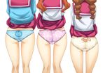  animal_print arisugawa_himari ass blue_panties braid brown_hair bunny_print english fang from_behind hisakawa_chin kirakira_precure_a_la_mode kneepits lifted_by_self lower_body multiple_girls panties pink_panties pleated_skirt precure print_panties purple_skirt skirt skirt_lift squirrel_print striped striped_panties take_your_pick tategami_aoi twin_braids twintails underwear usami_ichika white_background 