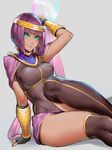  black_legwear breasts bubble circlet dark_skin fingerless_gloves gloves green_eyes highres kumiko_shiba large_breasts leg_lift looking_at_viewer menat pink_background simple_background sitting smile solo street_fighter street_fighter_v thick_thighs thighhighs thighs 
