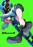  1girl amate_yuzuriha aqua_skirt ass bike_shorts black_boots black_shorts blue_eyes boots breasts closed_mouth commentary_request copyright_name eyebrows_hidden_by_hair from_behind full_body gquuuuuux green_background gundam gundam_gquuuuuux hair_between_eyes highres jacket leaning_forward long_sleeves looking_at_viewer mecha red_hair robot school_uniform shorts simple_background skirt small_breasts solo tukiwani v-fin white_jacket 