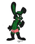  3_toes 4_fingers black_fur black_nose boxers_(clothing) clothing fur green_eyes green_fur lagomorph male mammal open_mouth rabbit solo standing toes underwear whiskers xylious 