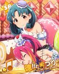  bare_shulders blue_hair blush card_(medium) character_name dress gloves idolmaster idolmaster_million_live! red_eyes short_hair smile tokugawa_matsuri 