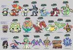  6+boys 6+girls aegislash alternate_color black_hat blue_fur blue_skin chesnaught chrisshwafer claws colored_skin crobat crustle cryogonal delphox dragon dress florges flygon furry gardevoir gourgeist green_hair green_skin greninja grey_background hat highres holding holding_shield krookodile lucario meowstic meowstic_(female) multicolored_fur multicolored_skin multiple_boys multiple_girls one-eyed orange_fur pelipper pincers pink_hat pokemon pokemon_(creature) pokemon_xy purple_eyes red_skin reuniclus shield shiny_pokemon simple_background two-tone_skin tyrantrum vaporeon white_dress white_skin wings yellow_fur 