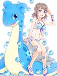  ball bikini blue_bikini blue_eyes blush crossover front-tie_top gen_1_pokemon grey_hair hair_ornament hairclip hiro9779 lapras lapras_candy looking_at_viewer love_live! love_live!_sunshine!! navel nightgown open_mouth pokemon pokemon_(creature) pokemon_go ribbon riding salute sandals short_hair side-tie_bikini sitting solo striped striped_bikini swimsuit watanabe_you wrist_ribbon 