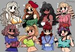  6+girls beret bikini black_bra black_hair blonde_hair bra breasts brown_hair cleavage dark-skinned_female dark_skin drill_hair fishnet_top fishnets glasses hat highres mole mole_on_breast multiple_girls murgoten original purple_hair reading red_hair ribbed_sweater sportswear sweater swimsuit twin_drills underwear very_dark_skin 