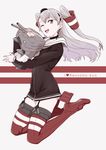  ;d amatsukaze_(kantai_collection) brown_eyes choker dress english from_side full_body garter_straps gloves grey_background grey_hair hair_tubes hairband hat heart high_heels jumping kantai_collection legs_folded legs_up long_hair long_sleeves looking_at_viewer mini_hat object_hug ojipon one_eye_closed open_mouth red_legwear rensouhou-kun sailor_dress short_dress simple_background single_glove smile solo thighhighs two_side_up white_gloves zettai_ryouiki 
