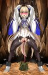  1girl aesc_(fate) aesc_(savior)_(fate) ahoge aqua_eyes armor bar_censor black_gloves black_pantyhose blonde_hair bow breastplate censored chain chained dress fate/grand_order fate_(series) giving_birth gloves goblin hay high_heels lactation lactation_through_clothes long_hair mother_and_child open_mouth pantyhose pussy_juice restrained rope solo torn torn_clothes torn_pantyhose umbilical_cord white_dress yagami_(mukage) 