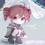  1girl ahoge ankle_socks belt black_belt black_boots black_skirt black_sleeve_cuffs blush boots bow chibi chibi_only closed_mouth curtains double-parted_bangs grey_background grey_skirt hair_between_eyes hair_bow hair_ribbon highres hitojinja jacket kasane_teto kasane_teto_(sv) lace-up_boots layered_skirt layered_sleeves long_sleeves looking_at_viewer musical_staff musical_staff_print platform_boots red_eyes red_hair red_skirt red_trim ribbon shoulder_belt shoulder_boards skirt socks solo squatting striped_clothes striped_jacket synthesizer_v utau white_bow white_ribbon 