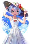  :d arm_up armpits bangs bare_arms bare_shoulders blue_sky branch breasts cloud cloudy_sky collarbone commentary_request day dress eyebrows_visible_through_hair facial_scar fate/apocrypha fate_(series) flower green_eyes groin hair_between_eyes hand_up hands_on_headwear hat hat_flower hat_ribbon hibiscus highres jack_the_ripper_(fate/apocrypha) legs_apart looking_at_viewer nayuta_(una) open_mouth panties petals rainbow red_flower red_ribbon ribbon scar scar_across_eye scar_on_cheek see-through shiny shiny_hair short_hair shoulder_tattoo silhouette silver_hair sky sleeveless sleeveless_dress small_breasts smile solo standing straw_hat sundress sweat tattoo underwear water_drop white_background white_dress white_hat white_panties yellow_flower 