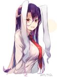  animal_ears bangs between_breasts breasts bunny_ears dated floppy_ears highres kasuka_(kusuki) large_breasts long_hair long_sleeves looking_at_viewer necktie necktie_between_breasts purple_hair red_eyes red_neckwear reisen_udongein_inaba shiny shiny_hair smile solo touhou upper_body white_background 