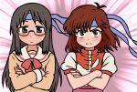  2girls antenna_hair beachepisode black_hair blue_headband brown_eyes brown_hair character_request closed_mouth crossed_arms glasses headband highres long_hair minakami_mai multiple_girls nichijou school_uniform semi-rimless_eyewear short_hair short_sleeves tokisadame_school_uniform top_wo_nerae!_(series) under-rim_eyewear 