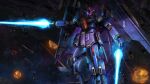  absurdres aeug artist_request battle copyright_logo dual_wielding energy_beam energy_sword explosion fafnir_(mobile_suit) glowing glowing_eyes gundam gundam_battle_operation_2 gundam_walpurgis highres holding holding_sword holding_weapon machinery mecha mecha_focus mobile_suit no_humans official_art purple_eyes realistic robot science_fiction solo space sunrise_(company) sword thrusters v-fin weapon zero_gravity 