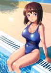  absurdres agesen arm_support black_hair blue_eyes blue_swimsuit braid breasts gutter highres large_breasts lens_flare looking_at_viewer one-piece_swimsuit original poolside school_swimsuit short_hair single_braid sitting soaking_feet solo swimsuit water wet 