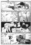  bow braid comic detached_sleeves dress flower greyscale gun hair_bow hair_flower hair_ornament hair_tubes hakurei_reimu handgun hieda_no_akyuu highres japanese_clothes kimono kirisame_marisa long_hair mendou_saya monochrome multiple_girls shawl short_hair single_braid touhou translated weapon wide_sleeves 