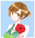  breasts brown_hair cleavage collarbone flower head_tilt hibiscus jewelry medium_breasts meiko nail_polish necklace red_flower red_nails short_hair short_ponytail smile solo sorano_namida upper_body vocaloid yellow_eyes 