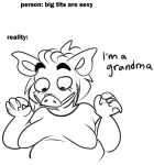 2021 4_fingers anthro arms_bent beastofeuthanasia black_eyebrows black_eyes breasts clothed clothed_anthro clothed_female clothing dialogue digital_drawing_(artwork) digital_media_(artwork) domestic_pig english_description english_text eyebrows eyelashes female female_anthro fingers floppy_breasts hair half-length_portrait hi_res looking_at_breasts looking_at_own_breasts looking_at_self mammal manta_veera_amanda monochrome open_mouth ponytail portrait shirt simple_background sketch solo suid suine sus_(pig) t-shirt talking_to_self text topwear white_background