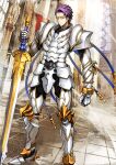  1boy arm_at_side armor armored_boots armored_gloves arondight_(fate) black_pants boots breastplate closed_mouth dutch_angle fate/grand_order fate_(series) faulds foot_out_of_frame hand_on_hilt hand_up lancelot_(fate/grand_order) legs_apart long_sleeves looking_at_viewer male_focus official_art pants pauldrons planted planted_sword purple_eyes purple_hair shimadoriru short_hair shoulder_armor solo standing sword third-party_source variant_set weapon white_armor 