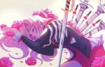  1girl aiguillette blood blood_on_weapon blue_eyes commentary english_commentary epaulettes flower halftone highres impaled jacket jewelry long_hair long_sleeves looking_at_viewer lying nolvini on_side open_mouth petals pink_flower pink_hair pink_rose rapier red_flower red_rose red_shorts ring rose rose_petals shorts shoujo_kakumei_utena signature solo spoilers stab sword sword_of_dios tenjou_utena weapon white_wrist_cuffs wrist_cuffs yellow_background 