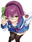  1girl ;p adjusting_eyewear angel_beats! bespectacled black_thighhighs blue_sailor_collar blue_skirt blunt_bangs blush bow breasts cleavage closed_mouth commentary_request cowboy_shot feet_out_of_frame foreshortening frown glasses green_bow green_eyes hair_bow hairband hand_on_own_hip highres leaning_forward long_sleeves looking_at_viewer medium_breasts medium_hair miniskirt nakamura_yuri neckerchief one_eye_closed pink_neckerchief pleated_skirt purple_hair purple_hairband red-framed_eyewear sailor_collar shinda_sekai_sensen_uniform shirt simple_background skirt solo standing straight_hair thighhighs tongue tongue_out upturned_eyes v-shaped_eyebrows white_background white_shirt zenoo zettai_ryouiki 