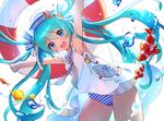  :d anchor_symbol aqua_hair armpits blue_eyes chiericyan eyebrows_visible_through_hair fish hat hatsune_miku long_hair looking_at_viewer open_mouth outstretched_arms ribbon sailor_collar smile solo standing striped striped_ribbon striped_swimsuit swimsuit swimsuit_under_clothes twintails vocaloid white_background 