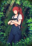  a black_cat bracelet bug butterfly cat closed_eyes facing_viewer highres holding holding_cat insect jewelry light_rays original outdoors overalls plant ponytail red_hair solo standing sunbeam sunlight zhang_tie_tong 