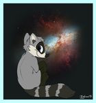  3_toes black_fur blue_eyes fur grey_fur looking_back mammal nebula raccoon smile solo toes xylious 