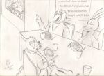 2010 anthro artist_name avian bigbadbear clothed clothing container context_in_descripton cup cutlery dated dialogue dragon felid food fork furniture graphite_(artwork) group humor inside kebab kernac kitchen_utensils knife male mammal march_(month) mouse murid murine mythological_creature mythological_scalie mythology nervous pantherine rodent scalie sitting smile snow_white_and_the_seven_dwarfs speech_bubble storytelling sweater table text tiger tools topwear traditional_media_(artwork) wall_art
