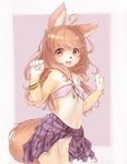  :3 ahoge animal_ears bikini brown_hair commentary_request covered_nipples cowboy_shot dog_ears dog_girl dog_tail fang flat_chest furry fuu_(frol) highres kohaku_(fuu) long_hair looking_at_viewer o-ring o-ring_top open_mouth original partial_commentary red_eyes sarong smile solo swimsuit tail 